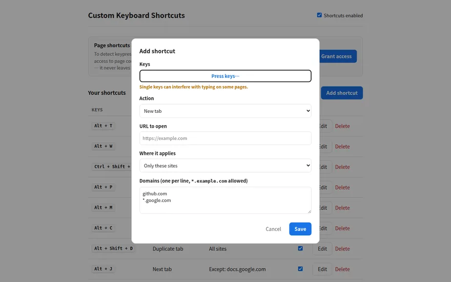 Editing a rule. Site scope is set per shortcut, not globally.
